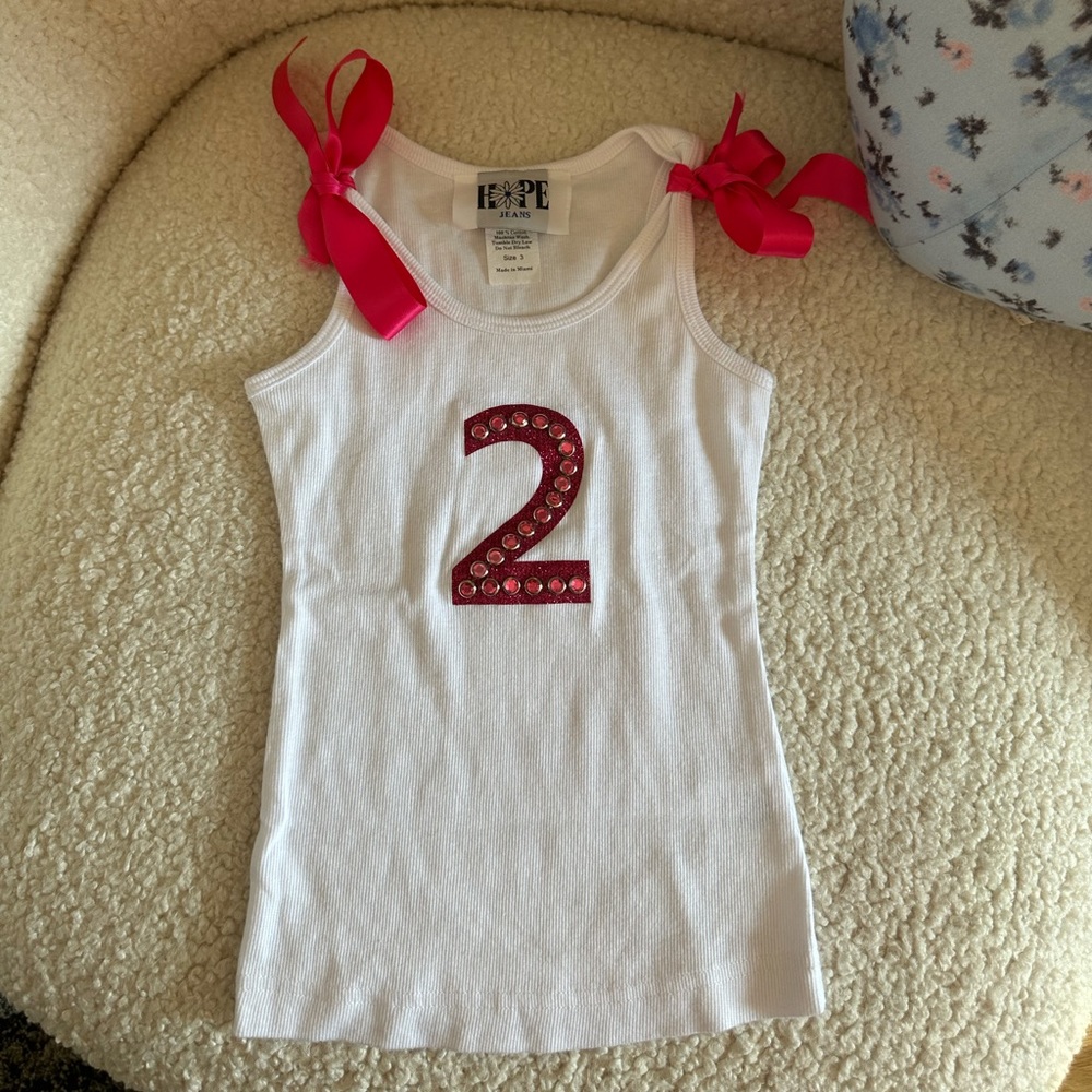 Hope jeans toddler girl “2” happy birthday 2 years old thank top with pink bows